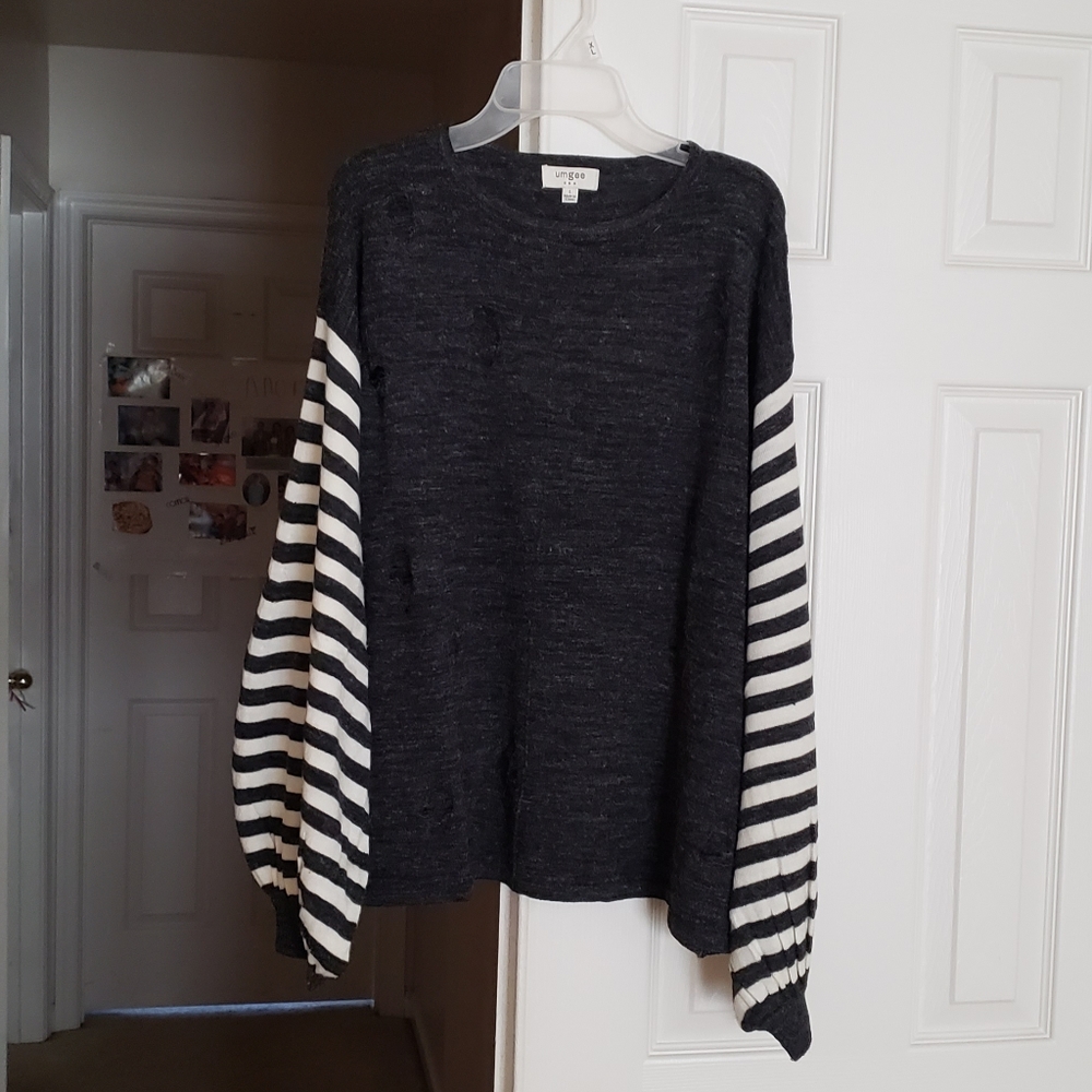 Umgee Distressed Stripe Sleeve Sweater